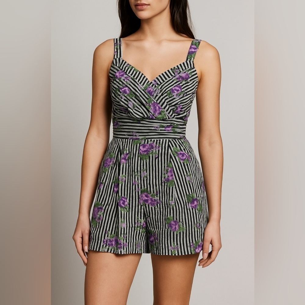 Anna Sui Silk Striped Floral Romper Sz12